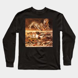 POMPEII ANIMALS,ANCIENT ROMAN MOSAICS ,WILD CAT WITH QUAIL,BIRDS,DUCKS AND FISHES Long Sleeve T-Shirt